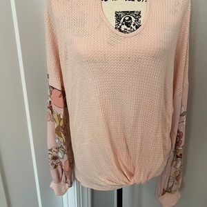 Pink Waffle Knit Bohemian Floral Sleeve Blouse